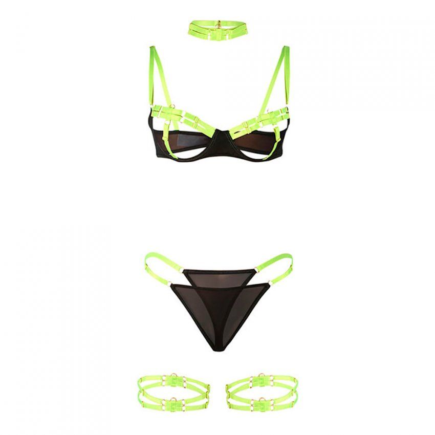 Set Lencería Negro y Verde Fluorescente